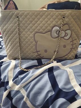 Hello Kitty Quilted Tote in Beige with Silver Chain